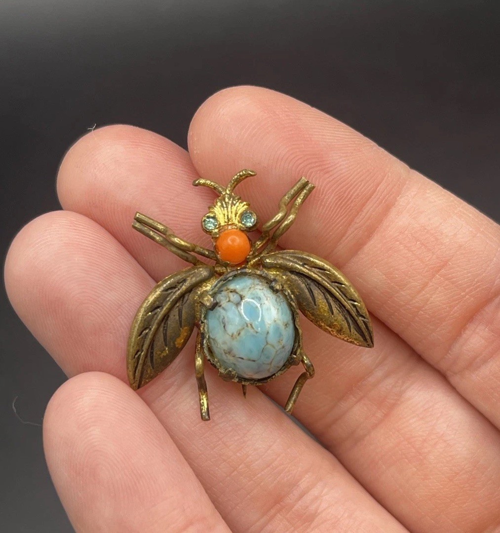 VTG Czech Insect Bee Fly Brooch Brass W Glass Belly. Signed Czecho. As Is.