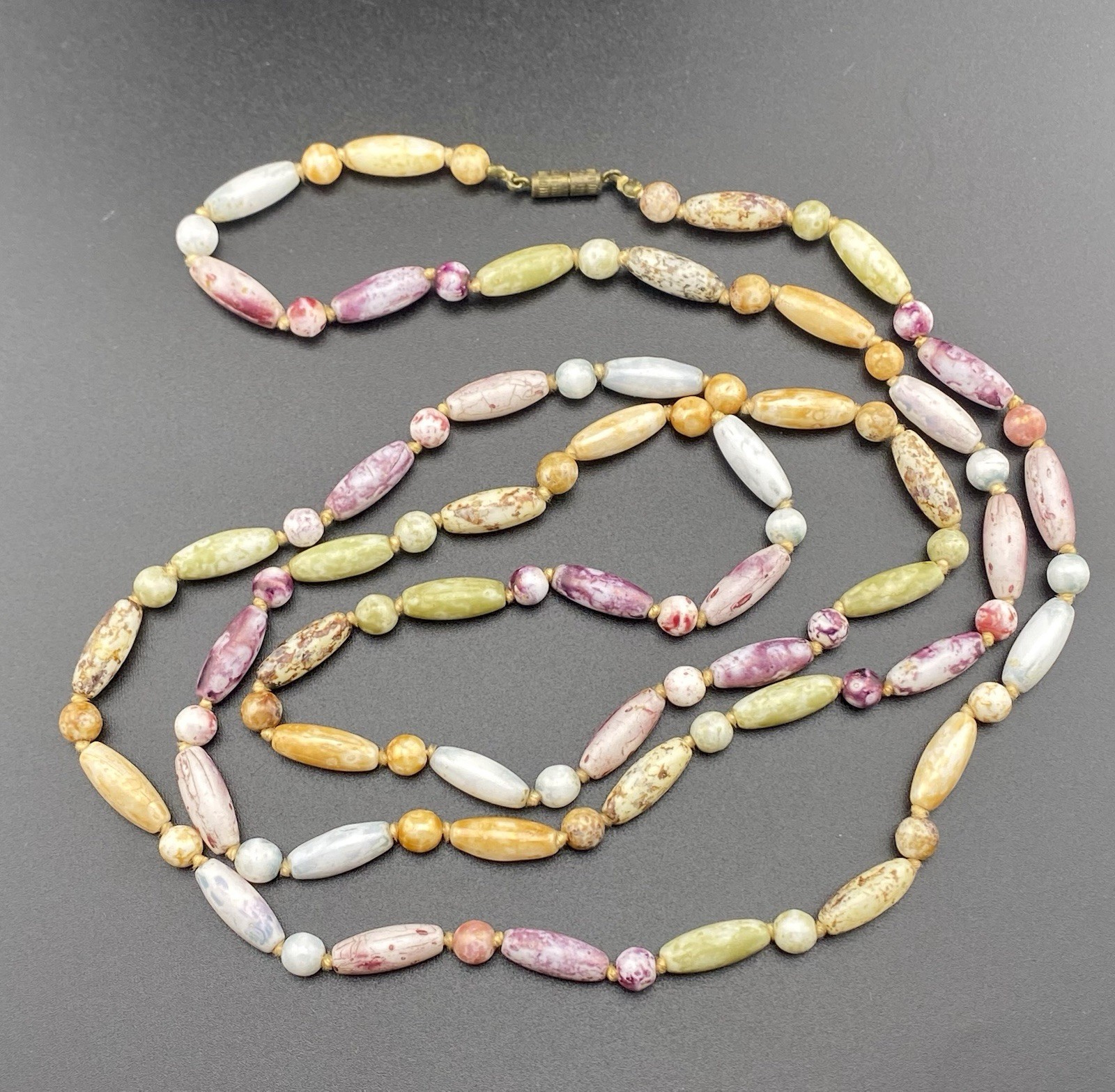 VTG Czech Glass Multicolor Speckled “Picasso” Beaded Necklace W/ Barrel Clasp.