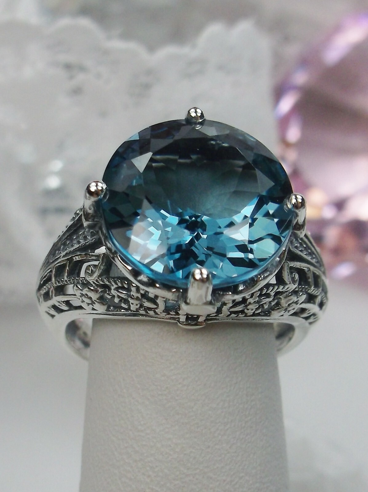 NATURAL London Blue Topaz Sterling Silver Filigree Ring Made To Order D#54
