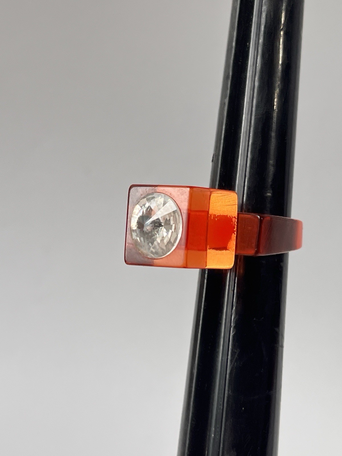 Vintage Lucite Ring Size 7.75 Orange Cubism Rhinestone Modern Chunky Statement