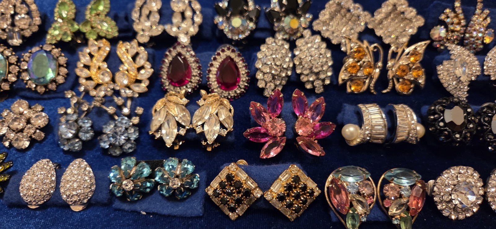 Vintage Rhinestone Earrings Lot Of 27. 12 Signed Monet Weiss Hobe Trifari Kramer