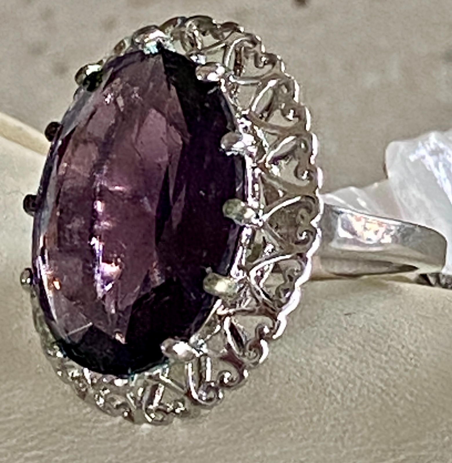 Vibrant Purple Statement Cocktail Ring Ornate Vintage Style Oval Faceted Size 6
