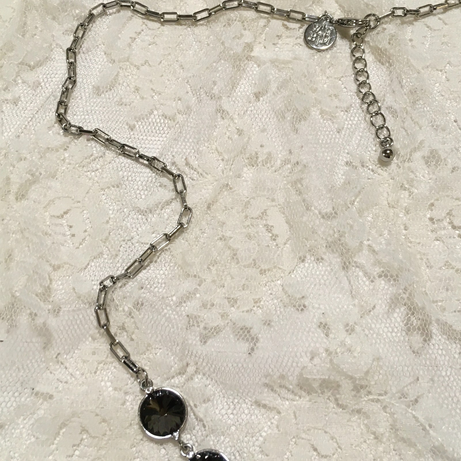 Silver Tone Tassel Pendant Chain Necklace Rivoli Gray Rhinestones y2k Layered