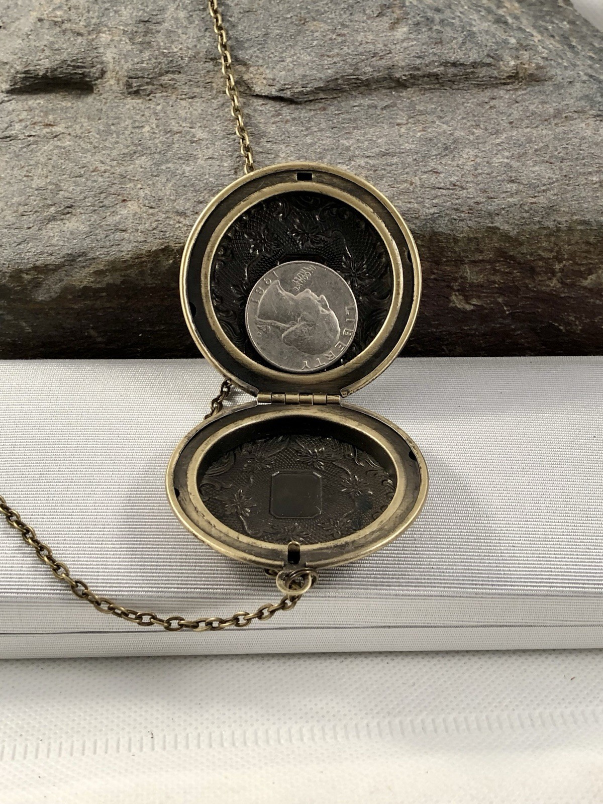 X-Lrg Cat Locket Necklace, Antiqued Brass, Art Nouveau Photos Memorial Pendant