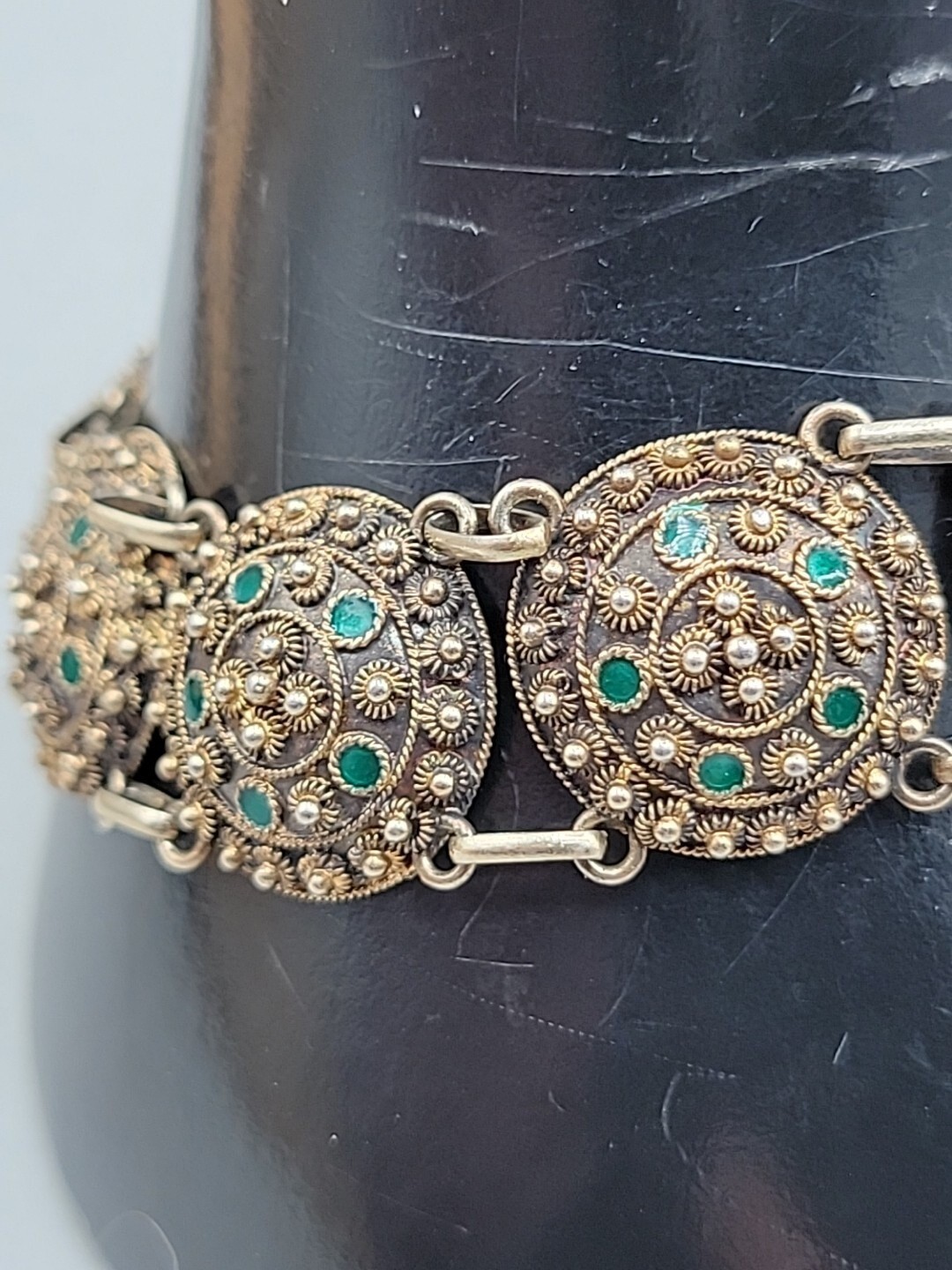 Antique Dutch 833 Silver Filigree Bracelet Green Glass Art Deco S-Hertogenbosch