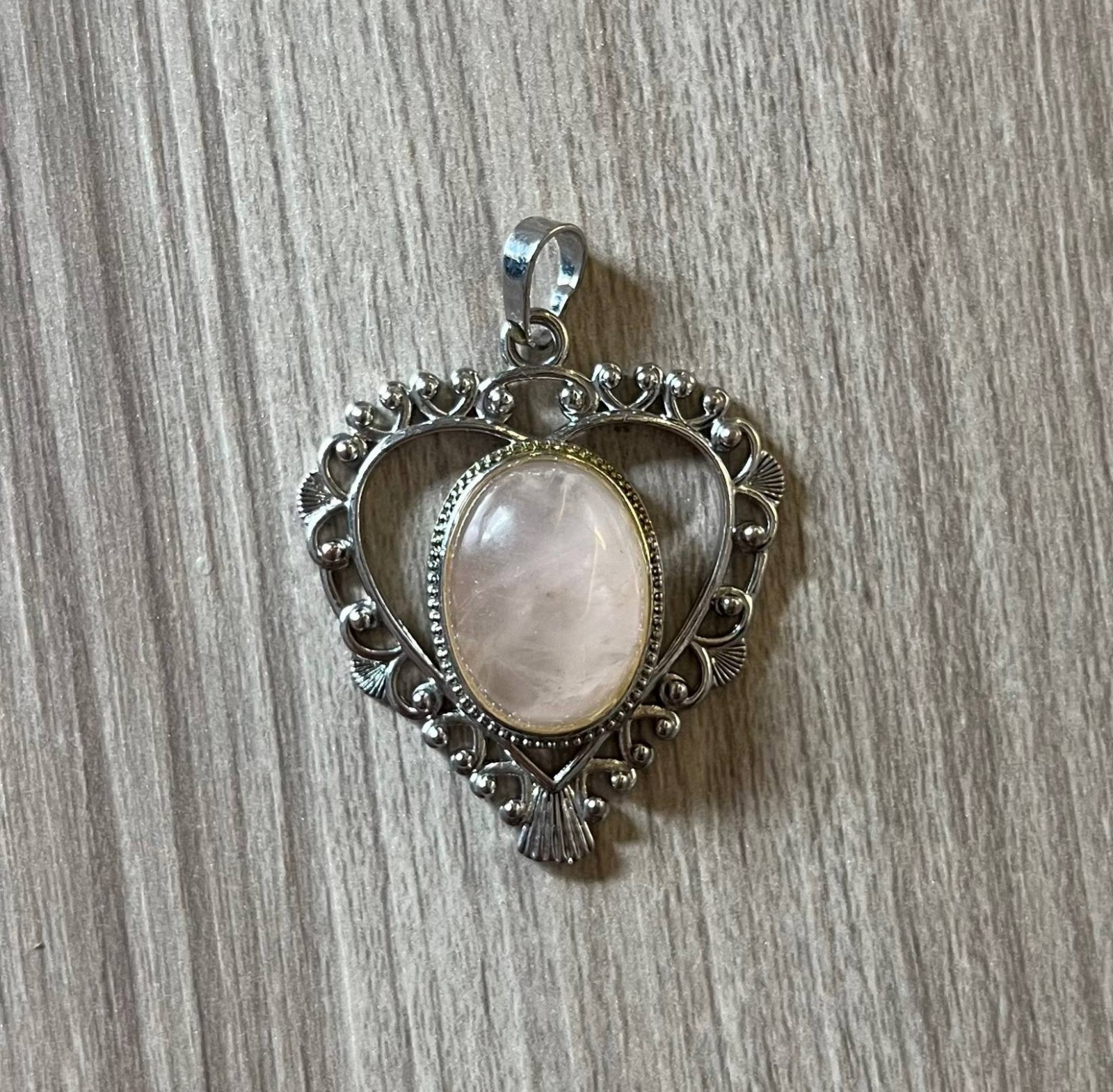 Vintage Rose Quartz Heart Pendant Silver Tone Filigree Statement Necklace Charm