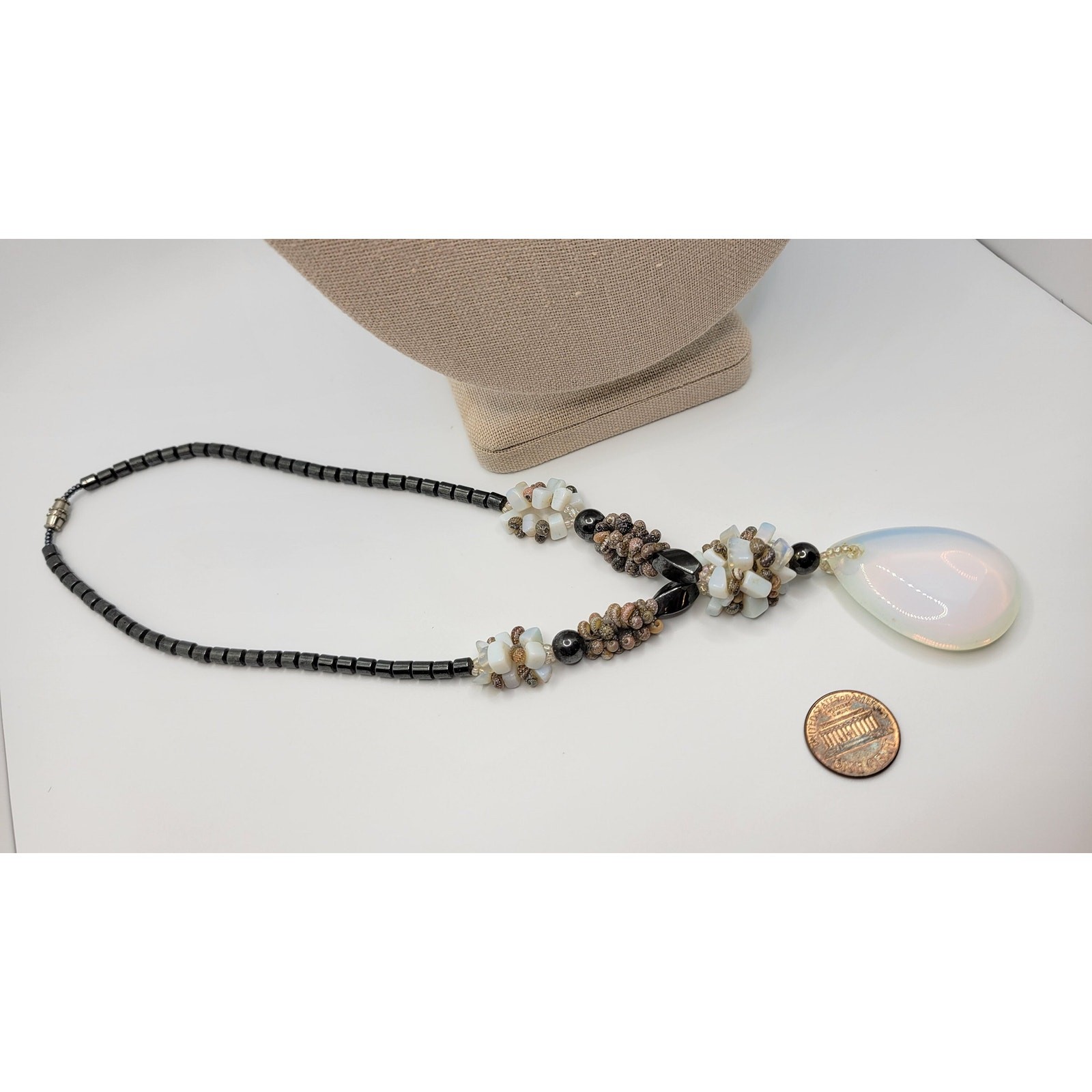 Moonstone Hematite Necklace Faux Opalite Pendant Tiny Shells Seed Bead Vintage