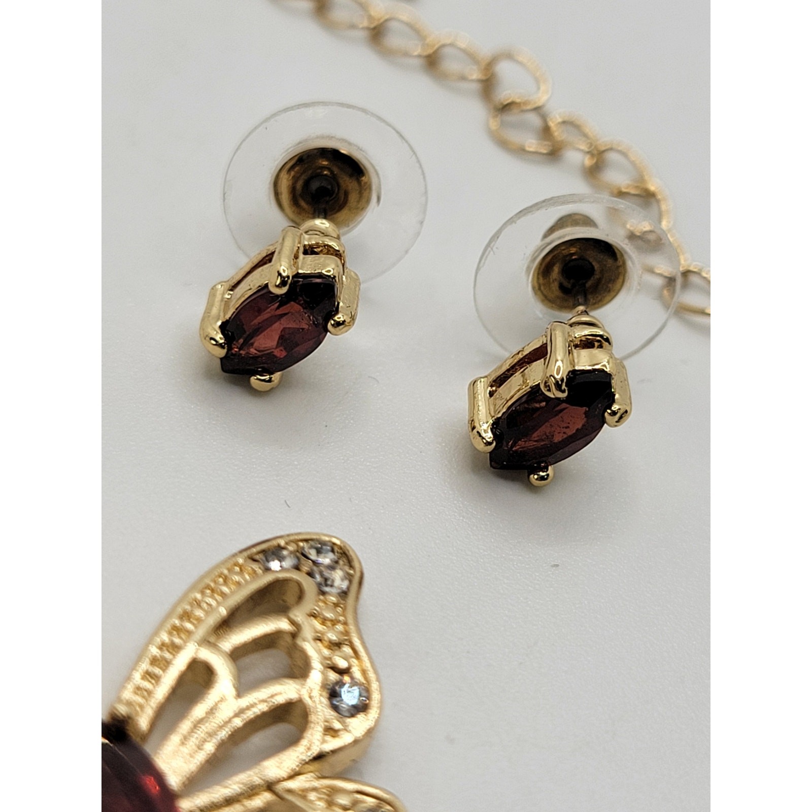 Garnet Butterfly Pendant Necklace Stud Earrings Set Goldtone Crystal Rhinestones