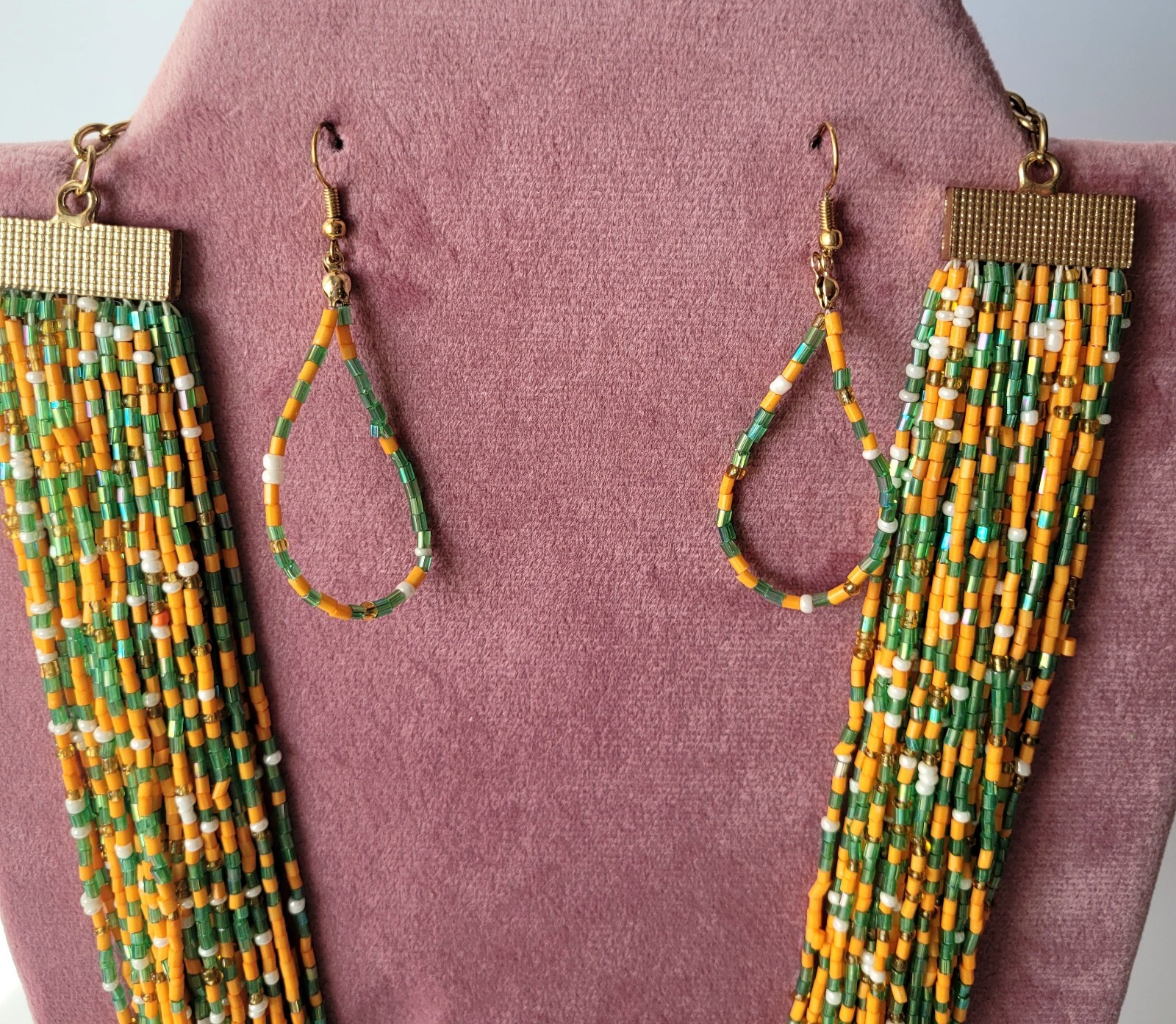 Vtg Orange Green Multistrand Boho Seed Bead Necklace & Earrings Set