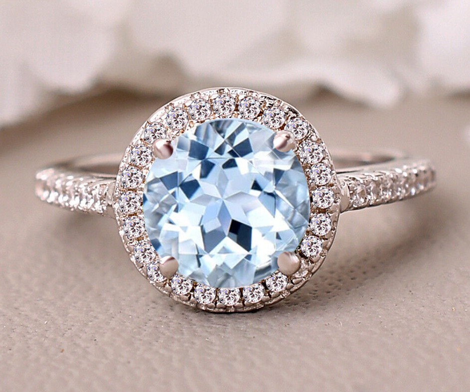 Round Cut Aquamarine Wedding Ring Anniversary Gift For Her Couple Ring Halo Ring