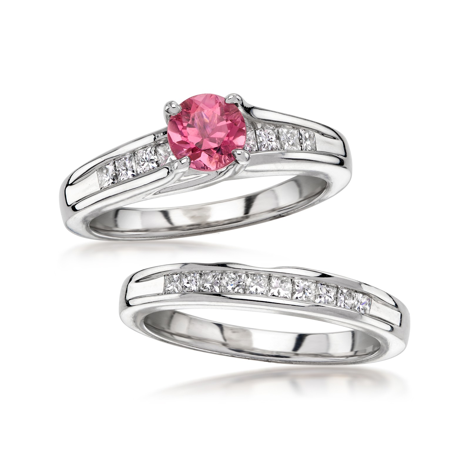 Vint Pnk Tourmaline & Diamond Bridal Set: Engagement & Wedding Rings in 14k
