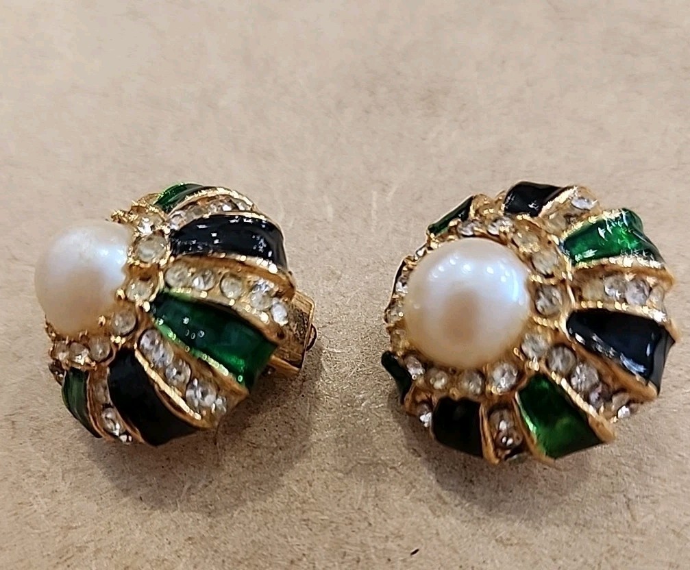 Bijoux ELFC Signed ITALY Clip-On Earrings Faux Pearl MISSING STONES see pictures