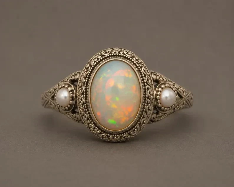 Vintage Ethiopian Opal Ring Pearl Side Stone Antique Engraved Ring