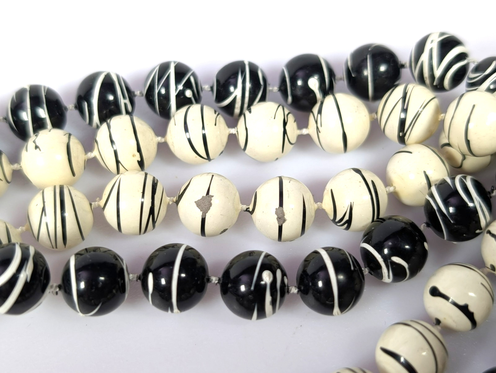 Vtg Black and White Paint Splatter Long Beaded Necklace LOT 54″ each