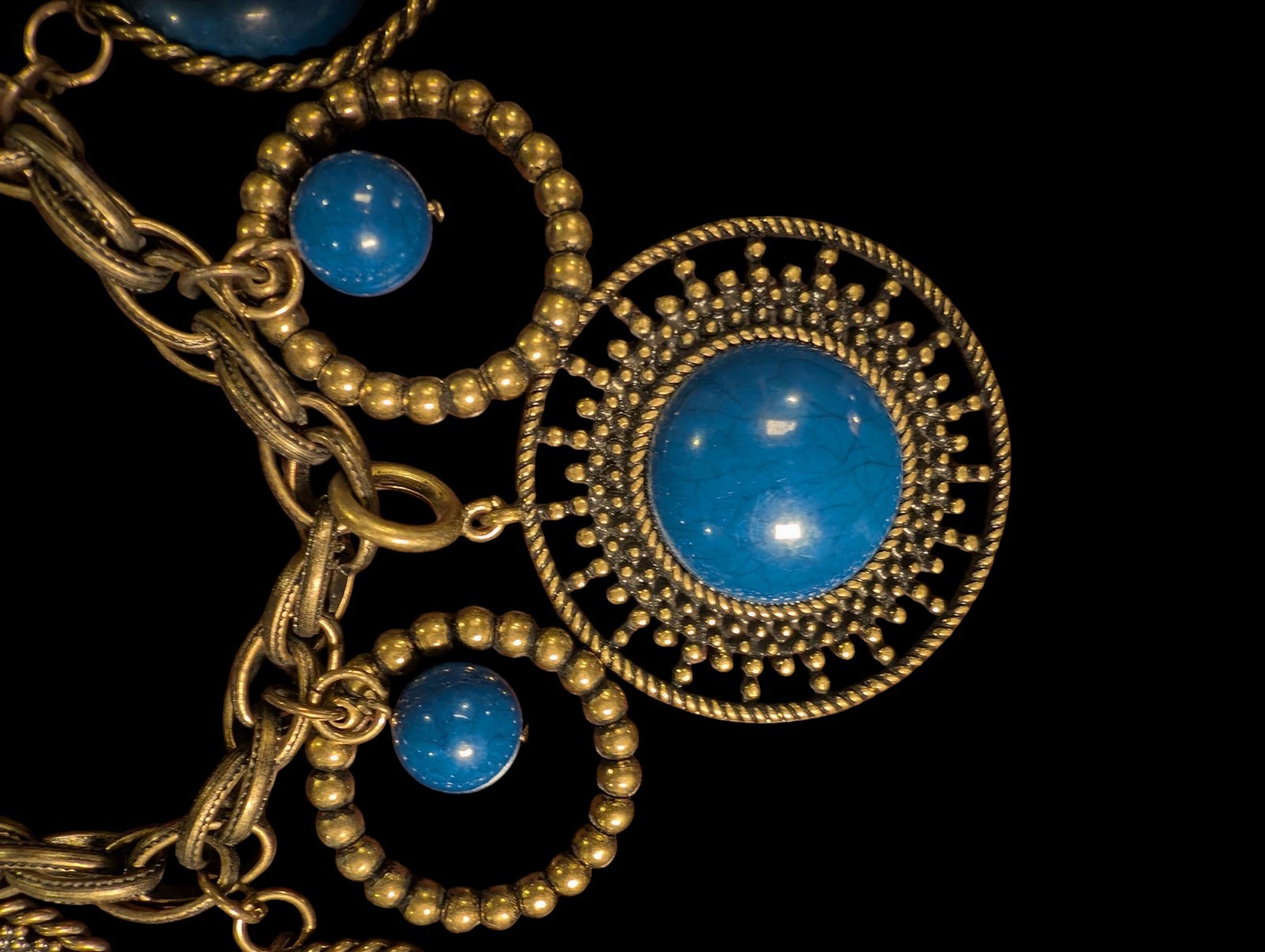 Antique PILGRIM Brass Blue Cabochon Bohemian Y2K Vintage Necklace
