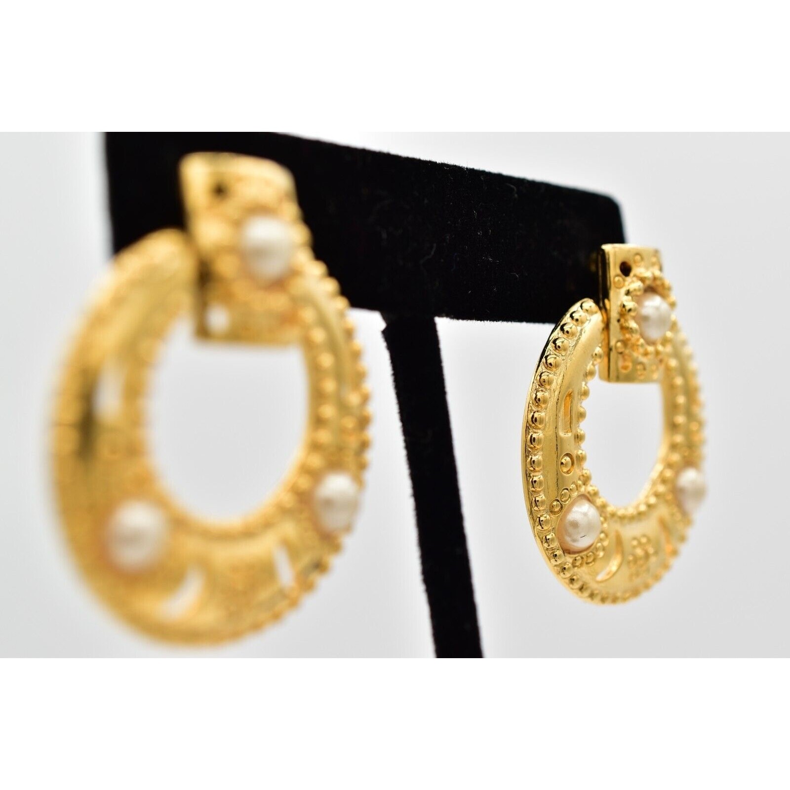 Vintage Dangle Earrings Gold Floral Pearl Door Knocker USA Made NOS 1980s 9M