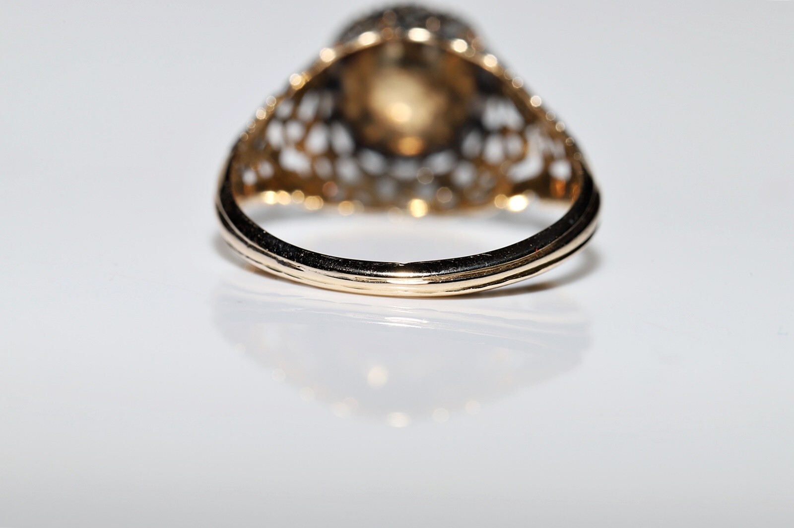 Antique Ottoman Circa 1900s 14k Gold Natural Rose Cut Diamond Enamel Ring