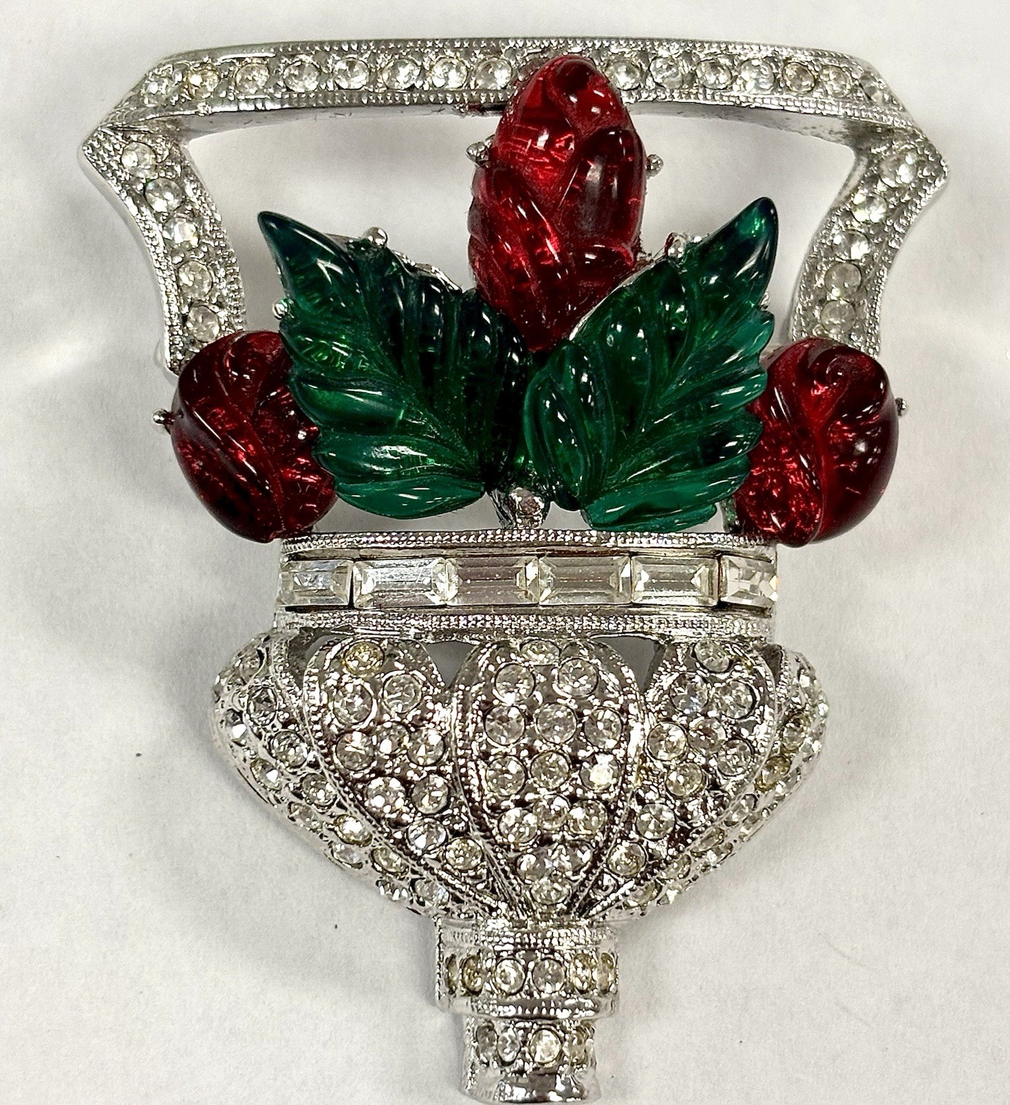 RARE Signed ART DECO 89 Floral Basket Brooch Pin Rhinestone Resin UNWORN HTF
