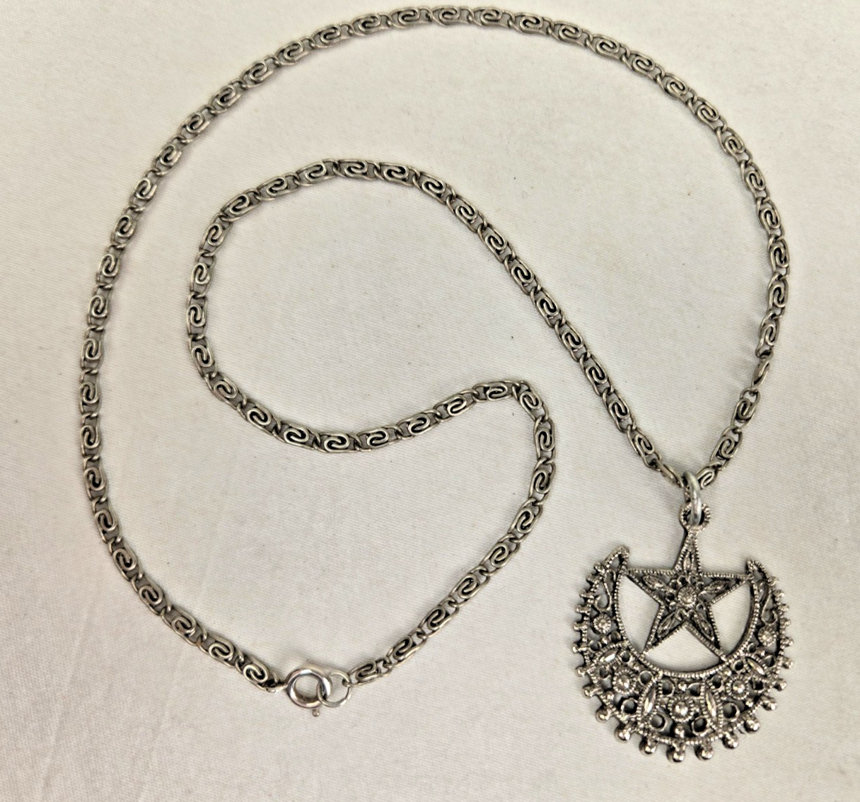 Silvertone Crescent Moon & Star Pendant Necklace Excellent Condition
