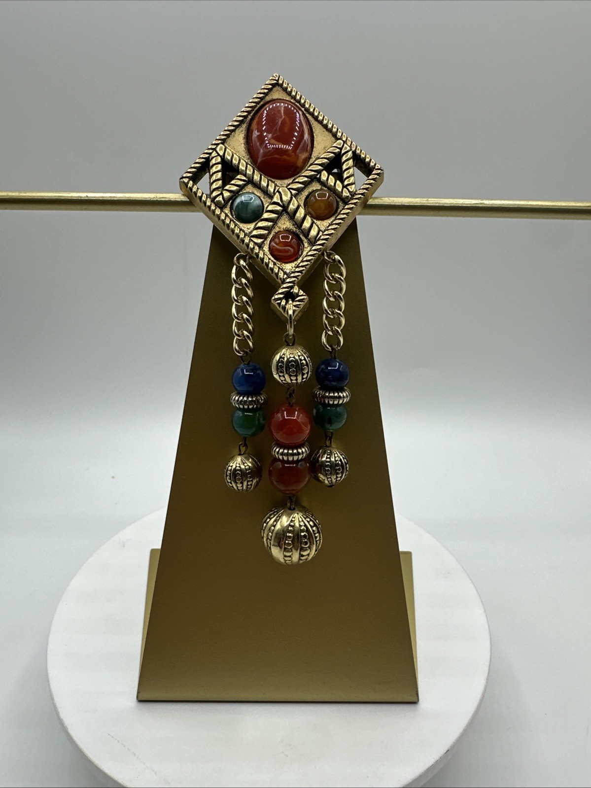 ‘80 Vintage Rhombus Shape Faux Stones Dangling Brooch. See pics.