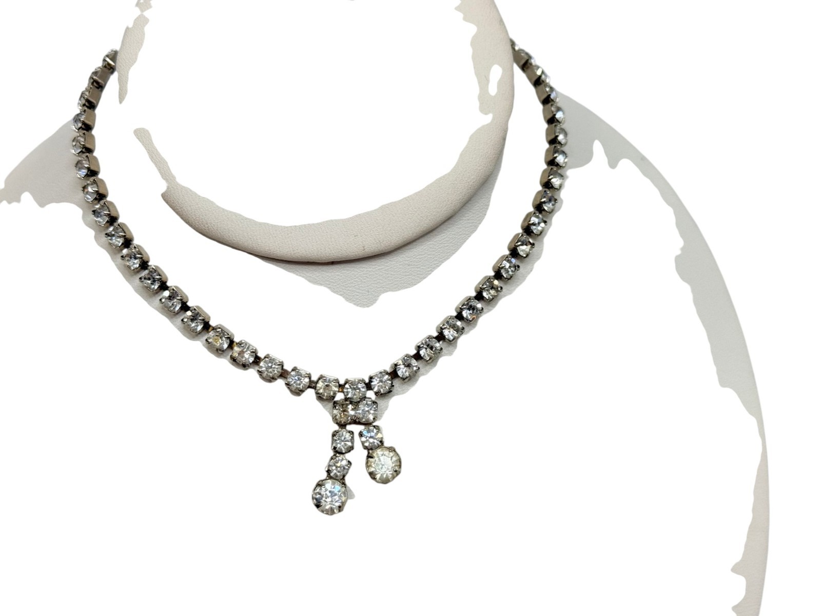 Vintage Rhinestone Choker Necklace Mid Century Sparkling Gemstones 12in Tassel