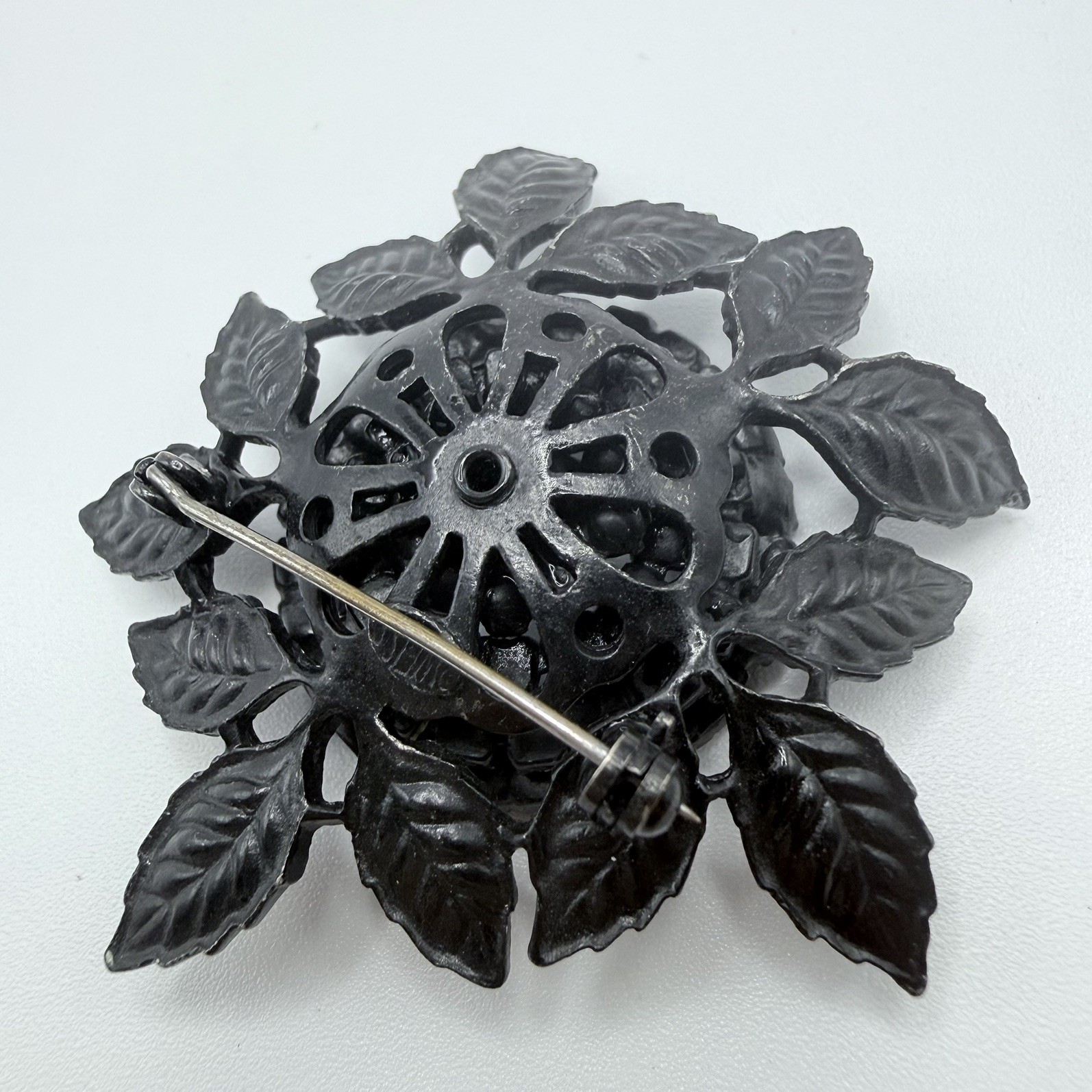 Albert Weiss Black Rhinestone and Enamel Flower Pin Brooch Signed Vintage