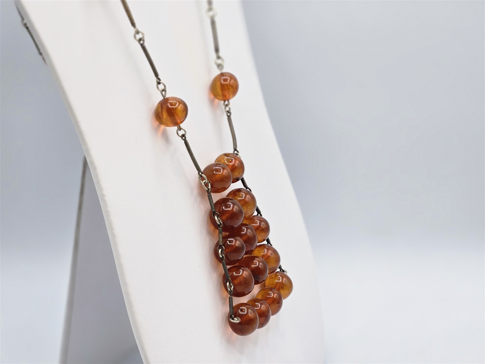 Amber Bead Modernist Necklace Silver Tone & 14 mm 30″