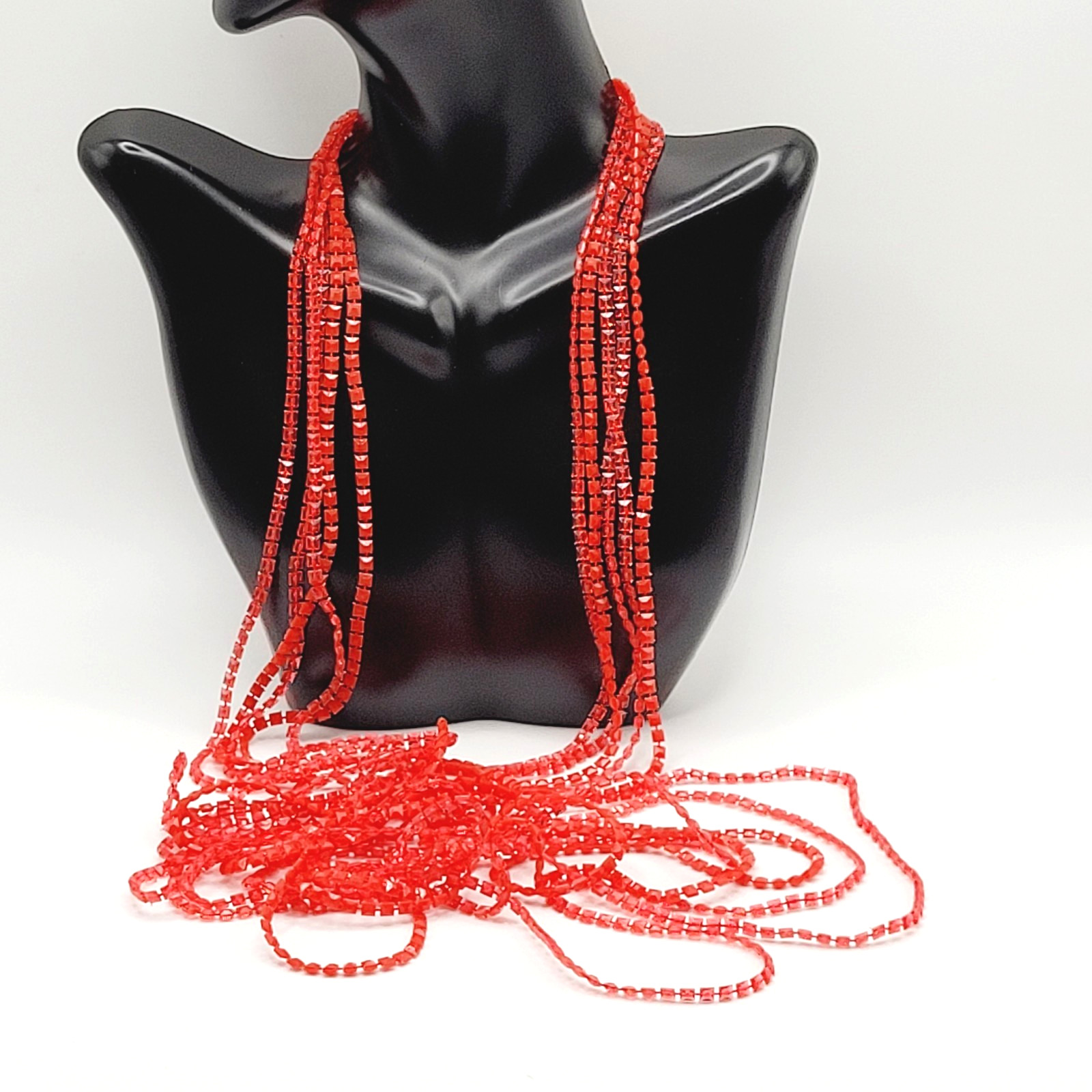 Vintage Red Multi Strand Plastic Square Beaded Solid & Clear Bead Necklace 48 In