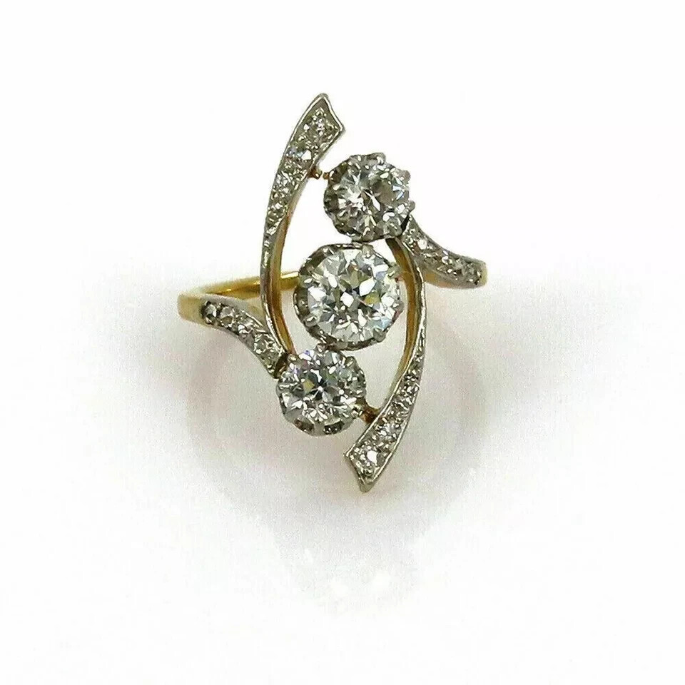 2CT Round Cut Moissanite Trilogy Vintage Engagement Rings 14K Yellow Gold Plated