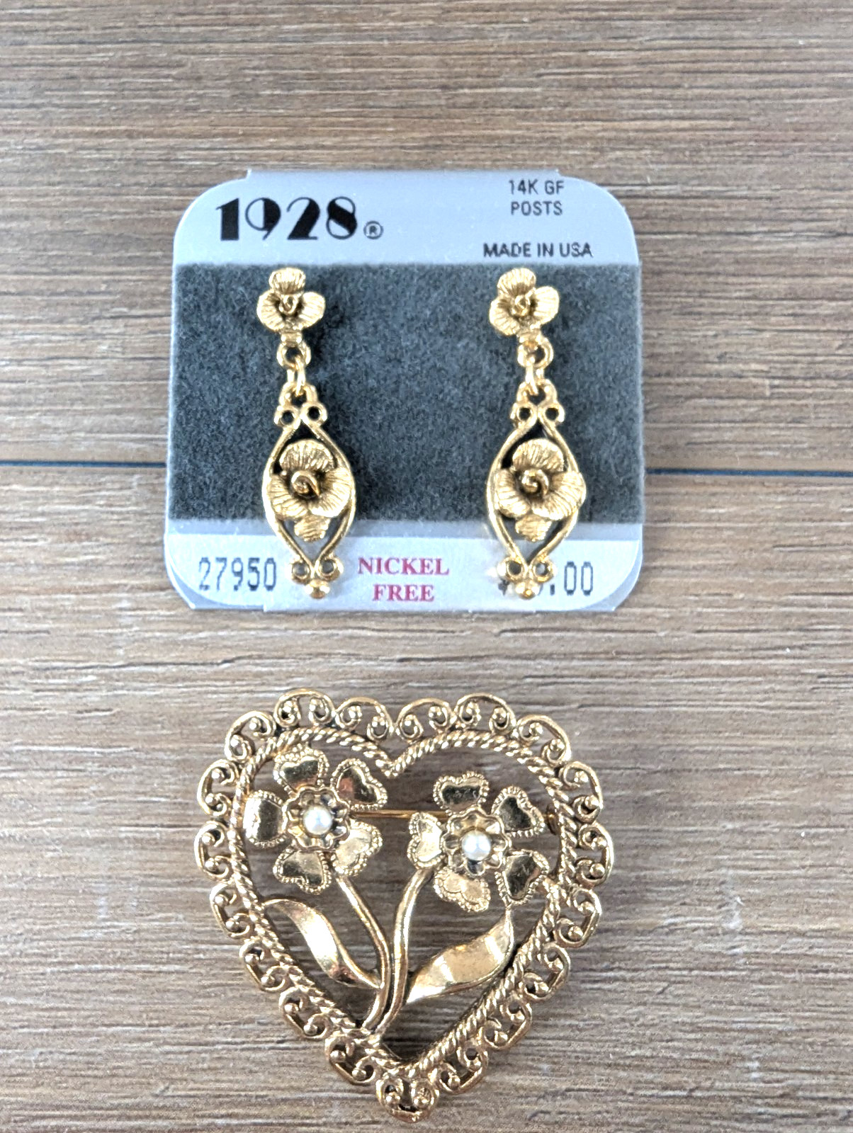 1928 floral goldtone pierced earrings nickel free and coordinating heart pin