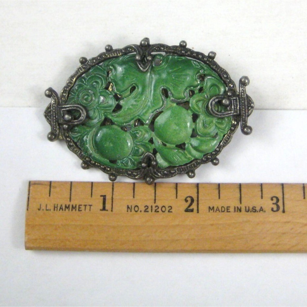 Victorian Repousse Enamel Metal Brooch Pin Silvetone Vintage Estate Leaf
