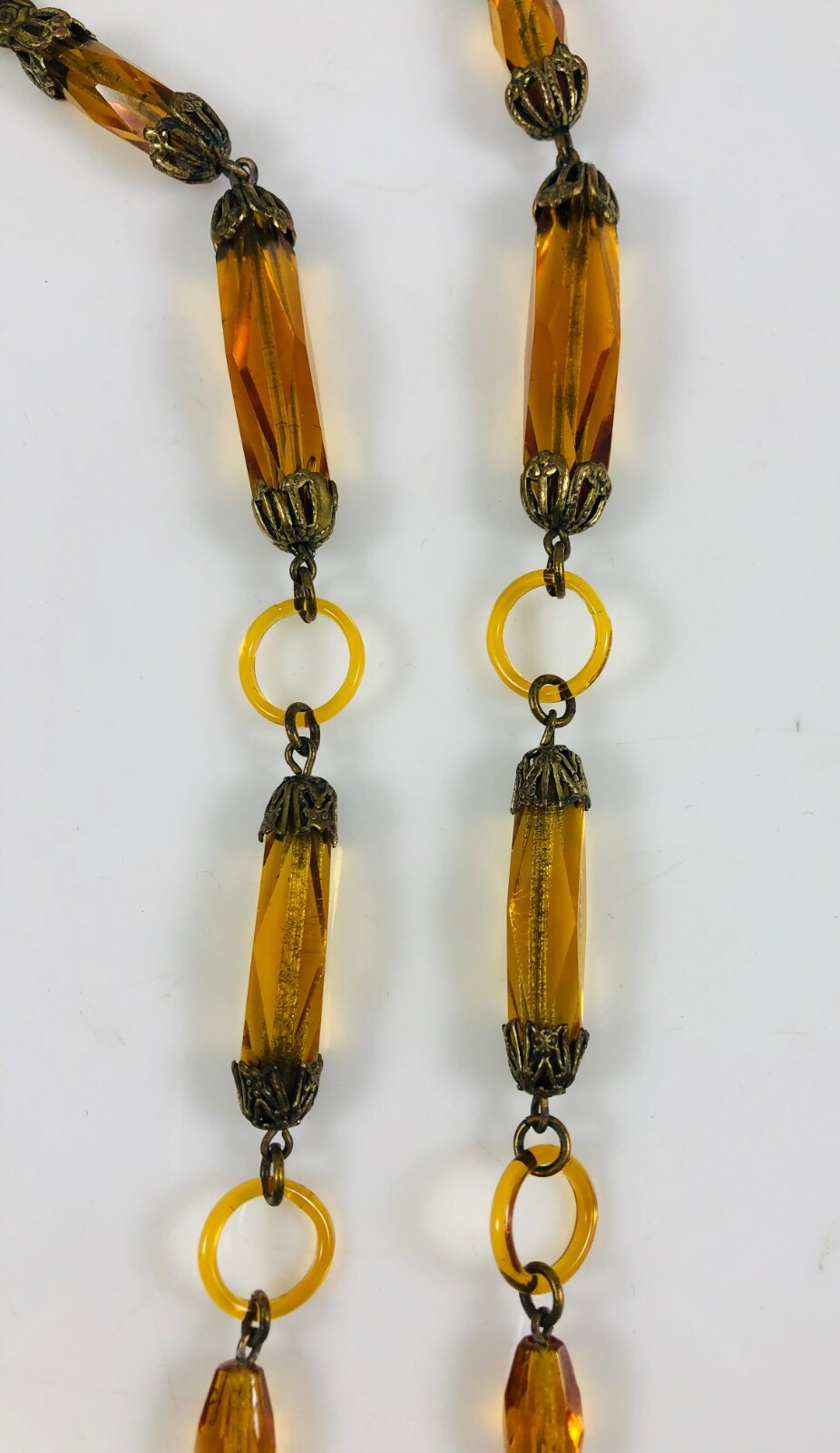 Antique Czechoslovakia Max Neiger Amber Brown Long Dangle Necklace Glass Links