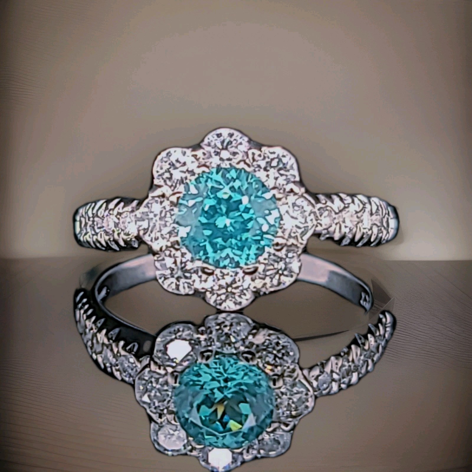 Vintage 14k White Gold Engagement Ring 1.32CT. Blue Neon Tourmaline Round Cut