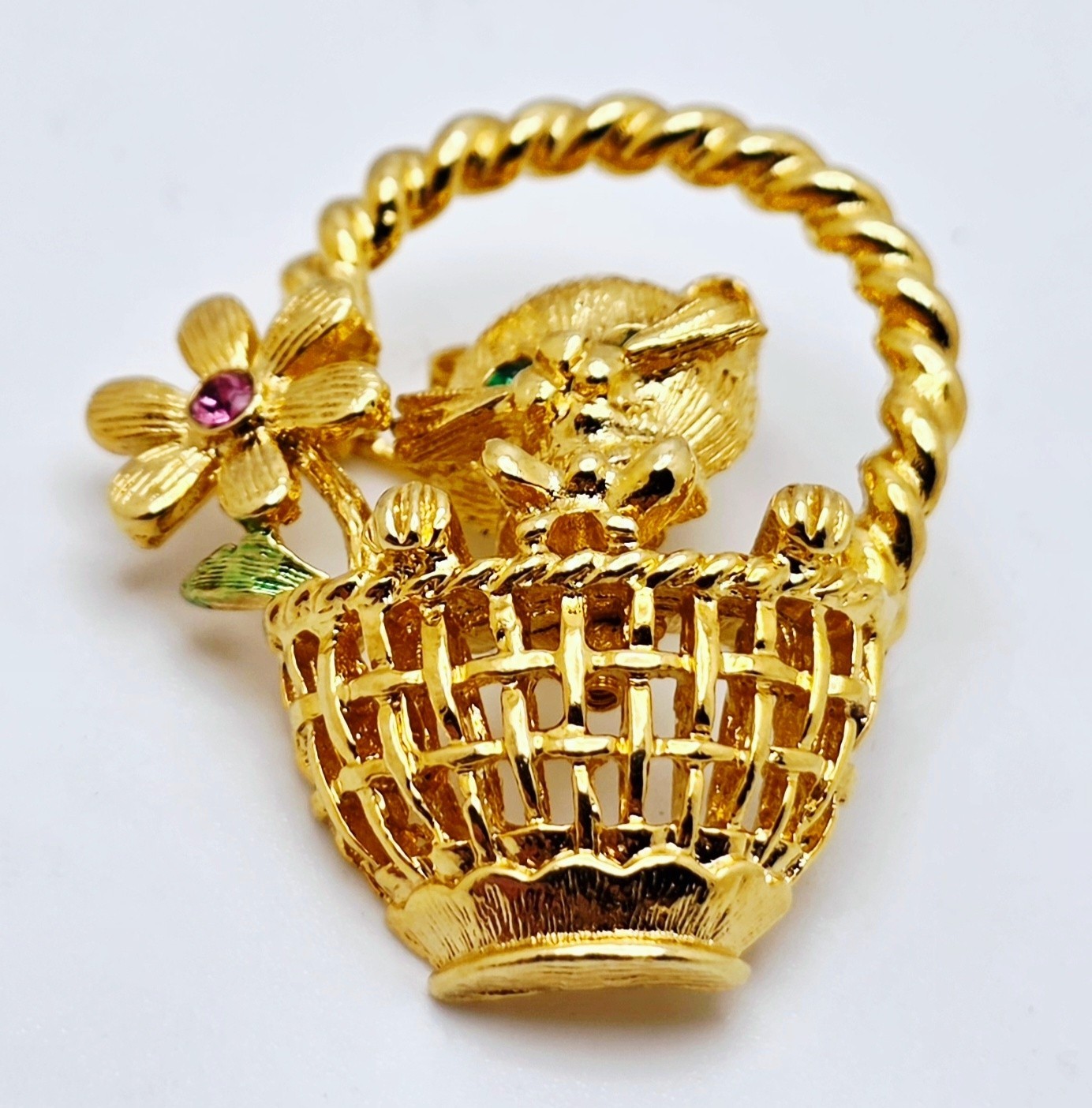Vintage Signed Trifari Rhinestone Kitten / Cat in Flower Basket Trembler Brooch