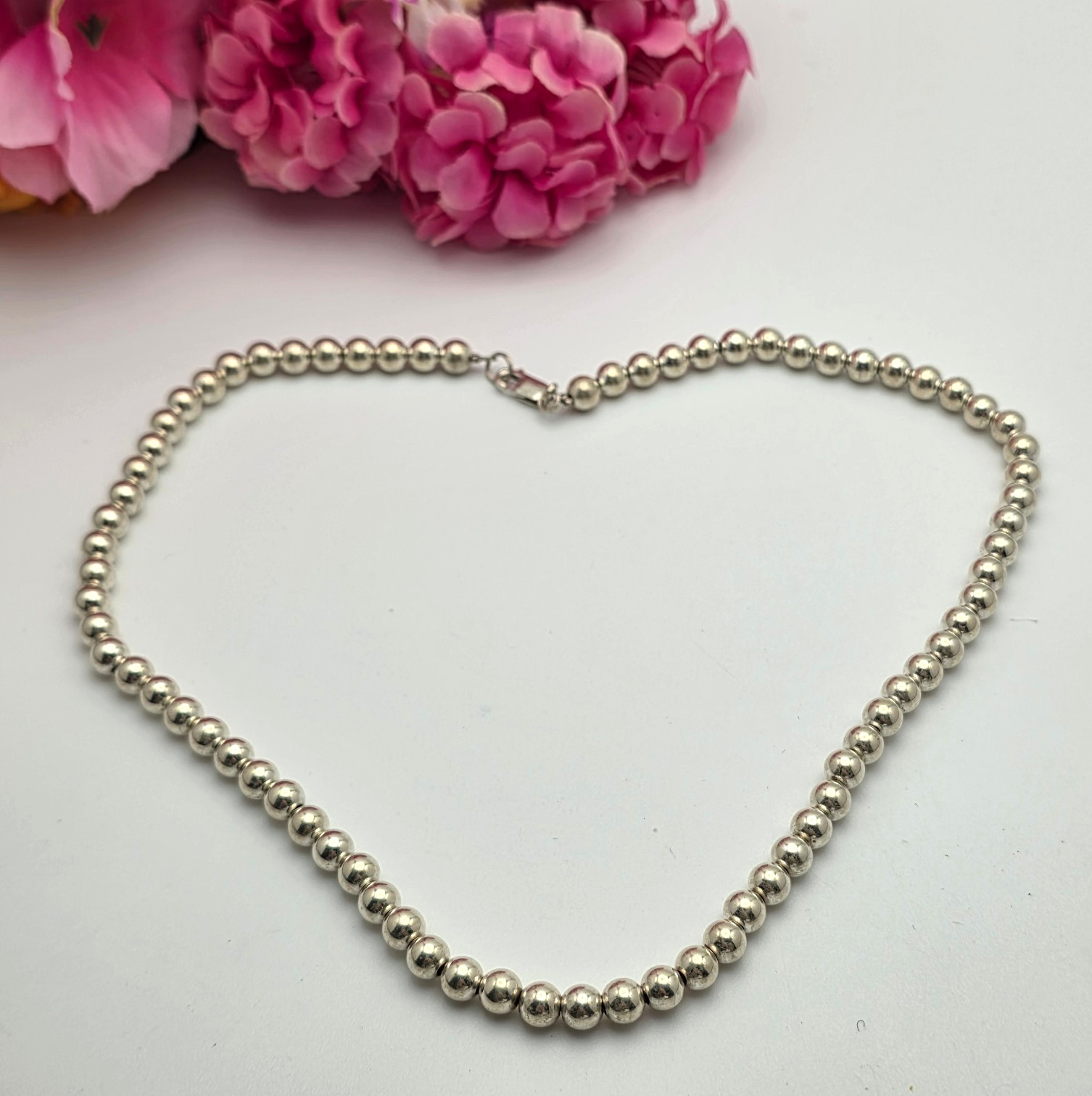 Vintage Sterling Silver Ball Bead Necklace 18 In 6mm Beaded Strand Classic