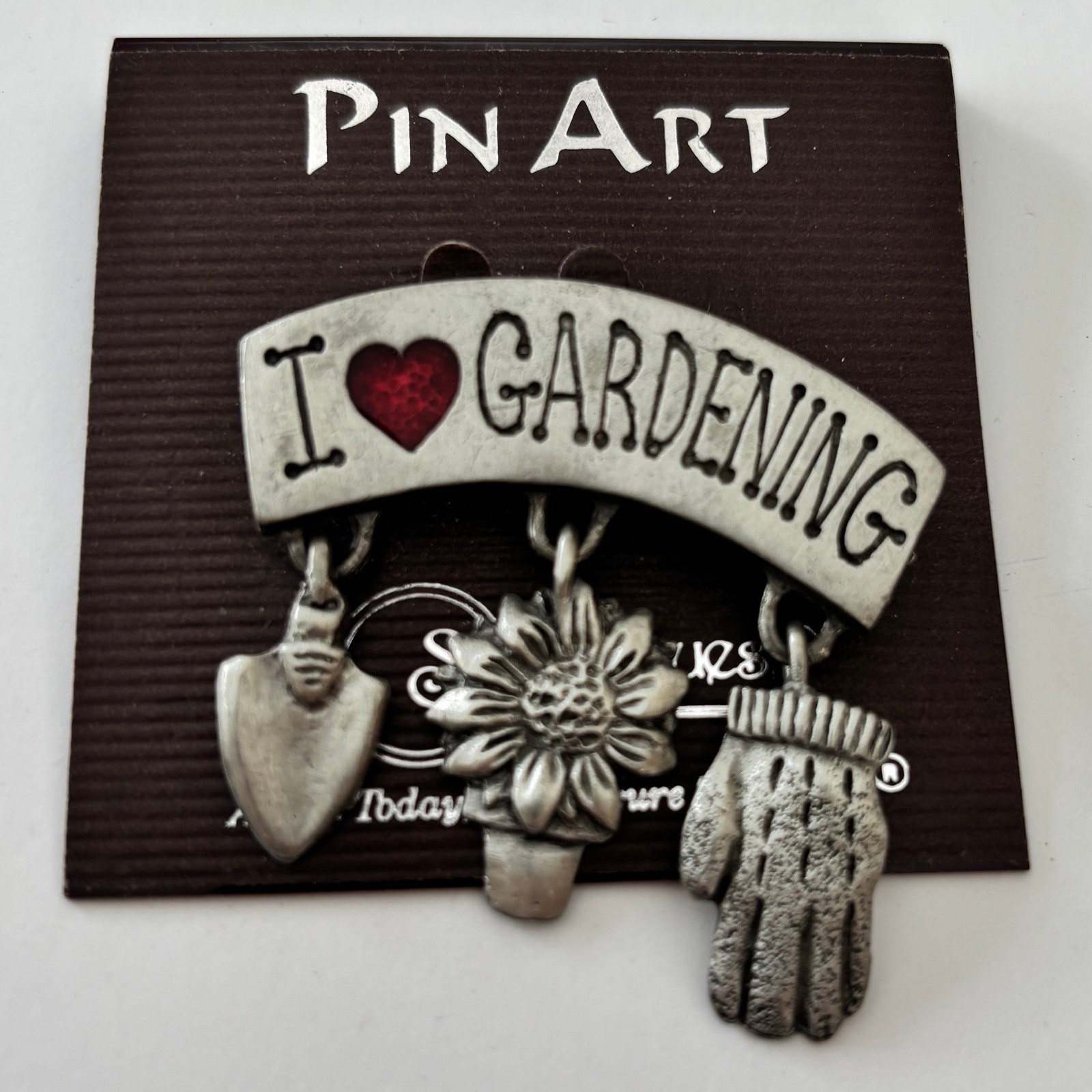 I Love Gardening Pewter Dangle Charm Brooch Pin Vintage Spoontiques Red Heart