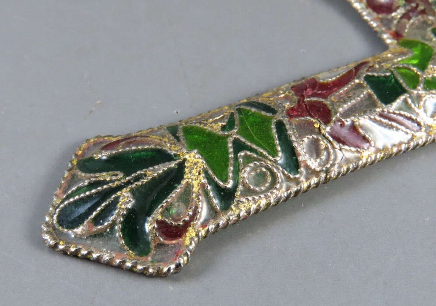 VTG PLIQUE A JOUR CROSS Green Gold Burgundy CLOISONNE GLASS Pendant Ornament