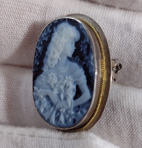 Cameo Sterling Silver 925 Italy Azure Agate Pendant Brooch 1121 NA Rare Hair