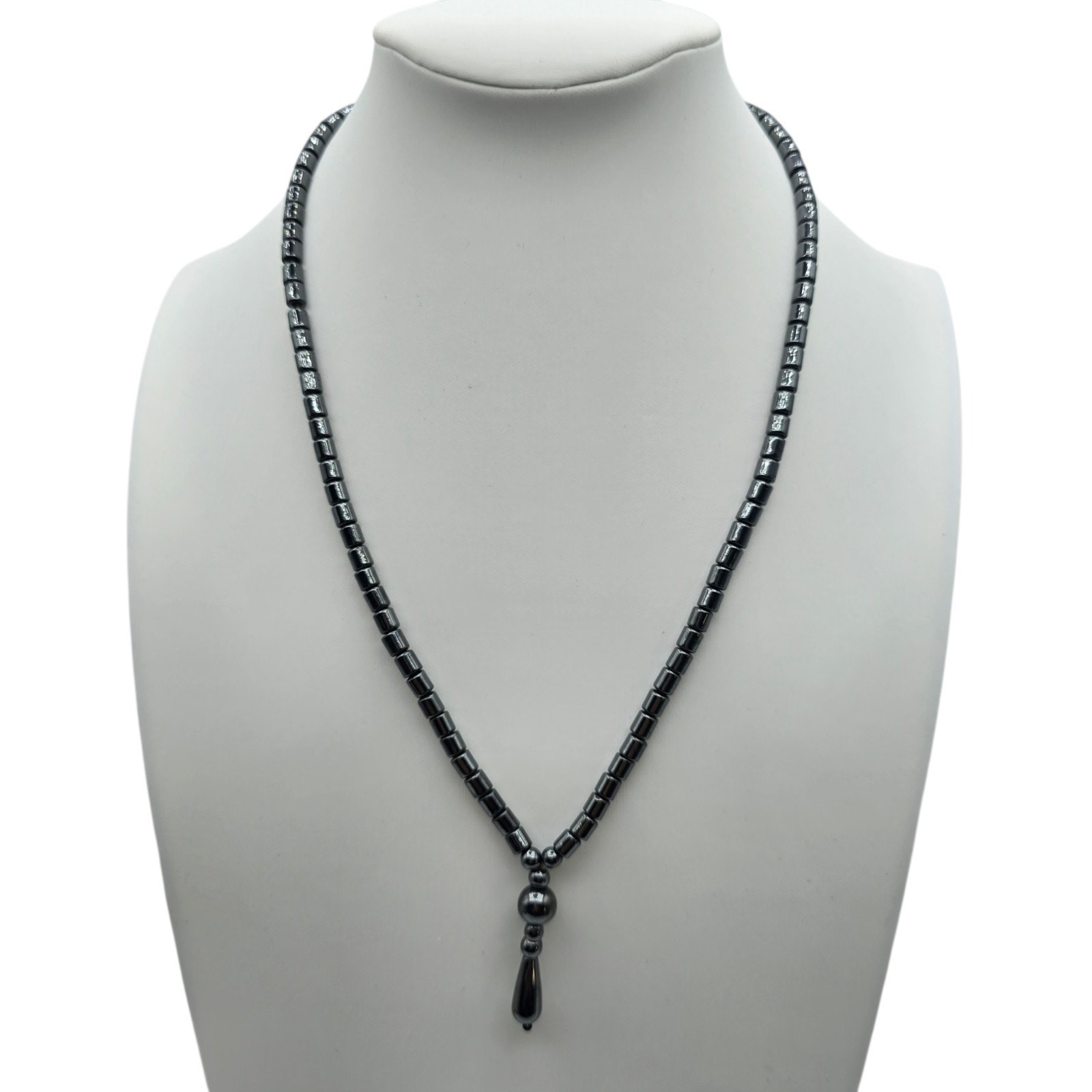 Vintage Necklace Hematite Y Drop Gunmetal Gray Black Color Tone 18″ SKU 3469