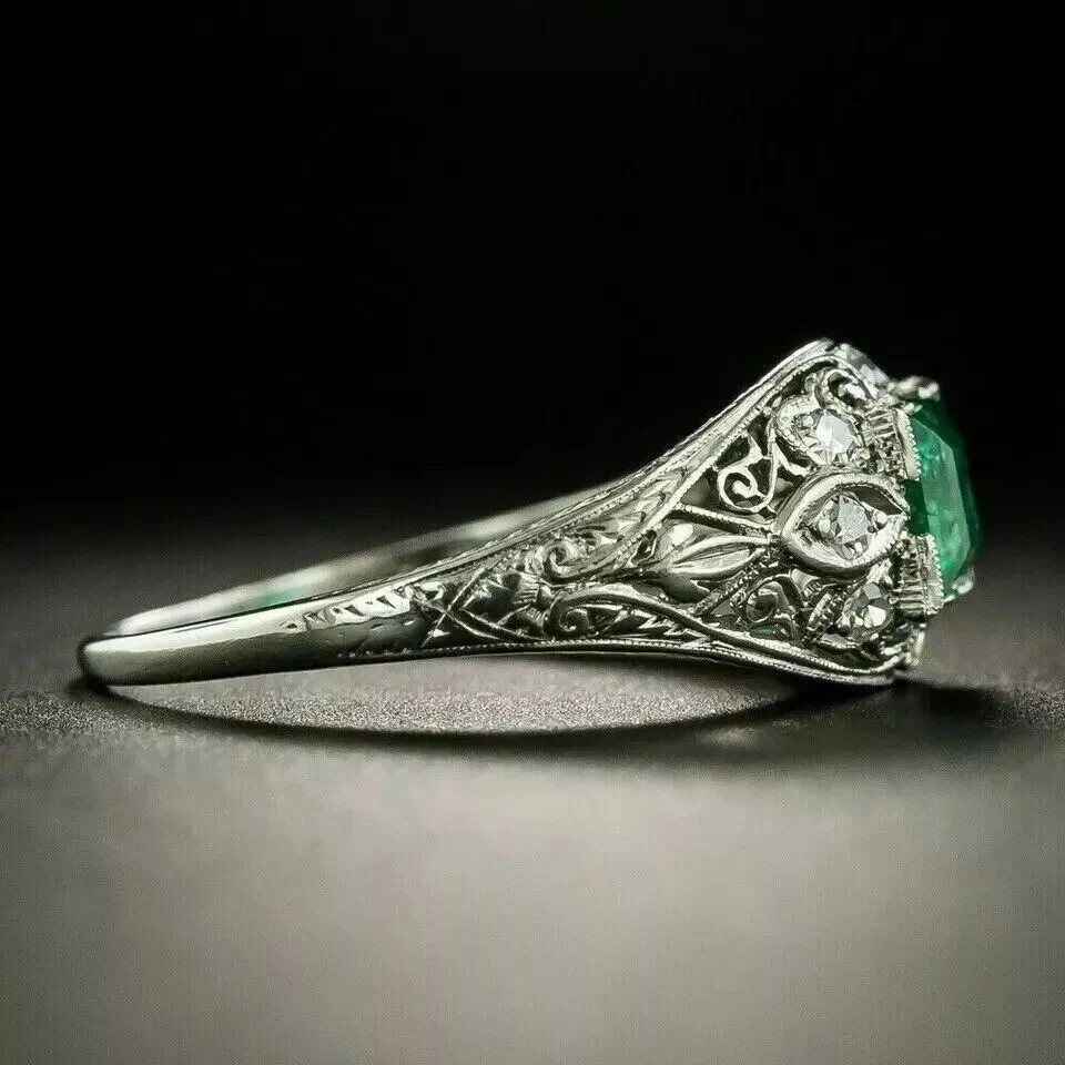 2.78Ct Art Deco Style Lab Created Emerald Anniversary Wedding 925 Silver Ring