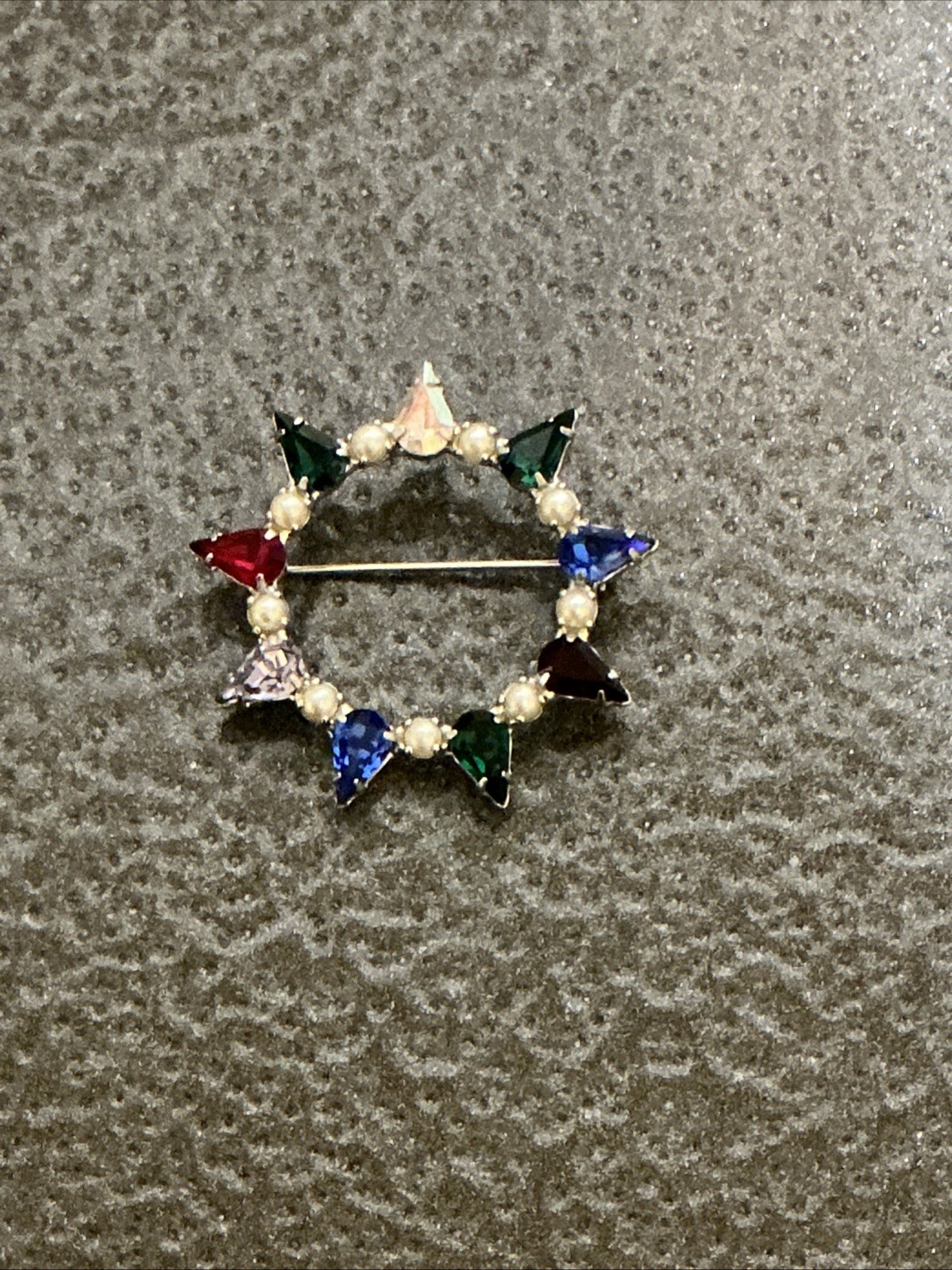 Vintage B David Circle Brooch Pin Multi-Color Crystal Faux Pearl Midcentury