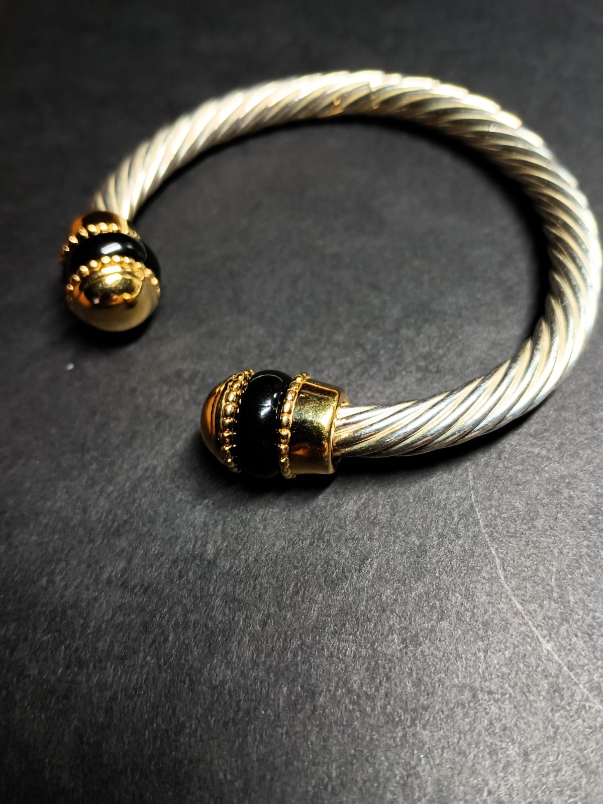 Twisted Cable Cuff Bracelet Interchangeable Screw Off Black Onyx Gold Tone 7mm