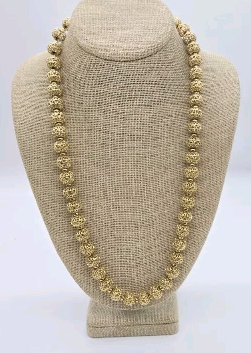 Vintage MONET Necklace Gold Tone Filigree Ball Art Deco Long 25 in