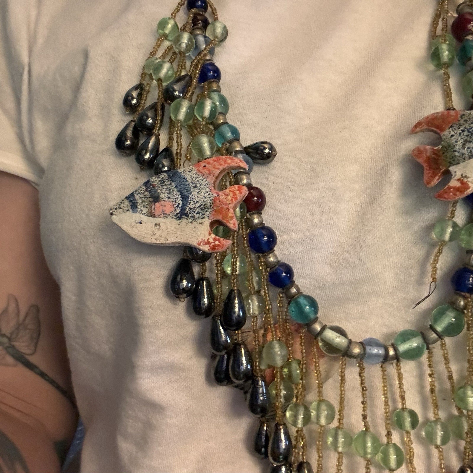 Vintage Tropical Triggerfish Necklace. Beaded, Large, Leave With Rope Tie.