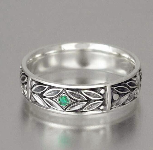 Silver Plated Retro Leaf Vintage Antique Birthday Band 1 Ct CZ Anniversary Ring