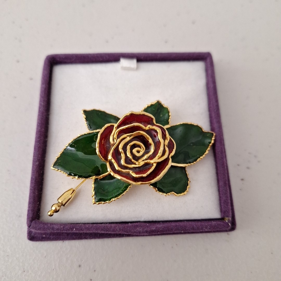VINTAGE METAL ENAMEL ROSE FLOWER PIN BROOCH RUFFLE PETALS Rose 3″ NEW