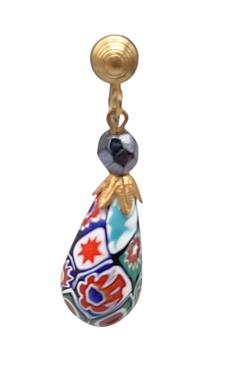 Venetian Millefiori Dangling Screwback Earrings Gold Teardrop Art Glass Vtg