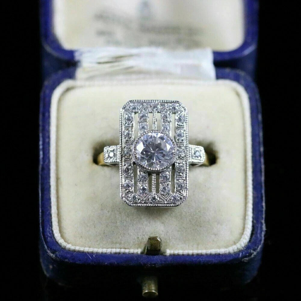 Art Deco Style Round Lab Created Diamond 14K Two-Tone Gold FN Engagement Ring