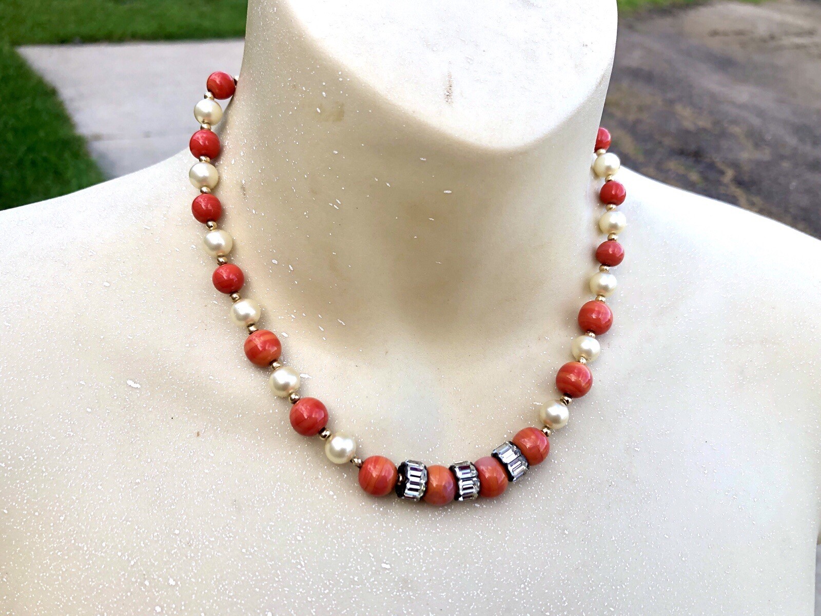 Estate 14K Gold Bead, Coral Glass, And Glass Pearl Beaded Necklace