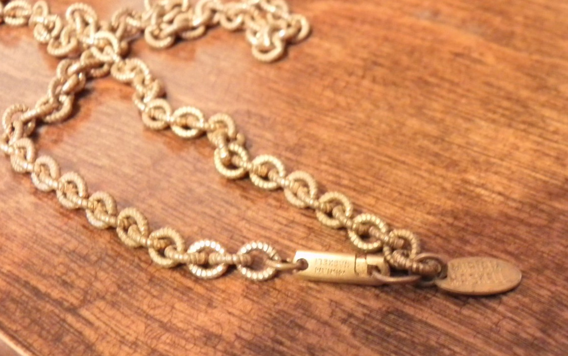 Vintage Miriam Haskell Necklace Gold Tone Chain with Tiger Eye Pendent 24″ Long